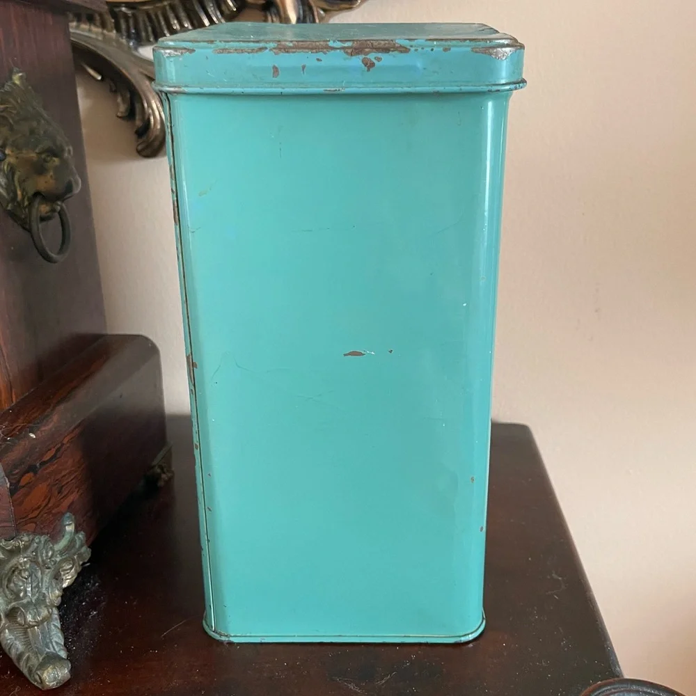 Vintage 30/40s Pink Faux Floral Display Green Tin Oatmeal Canister  10” height